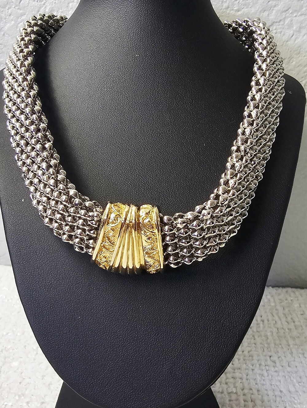 Silver Tone Multi Strand Mesh Collar Necklace Gold Tone Magnetic Clasp Statement